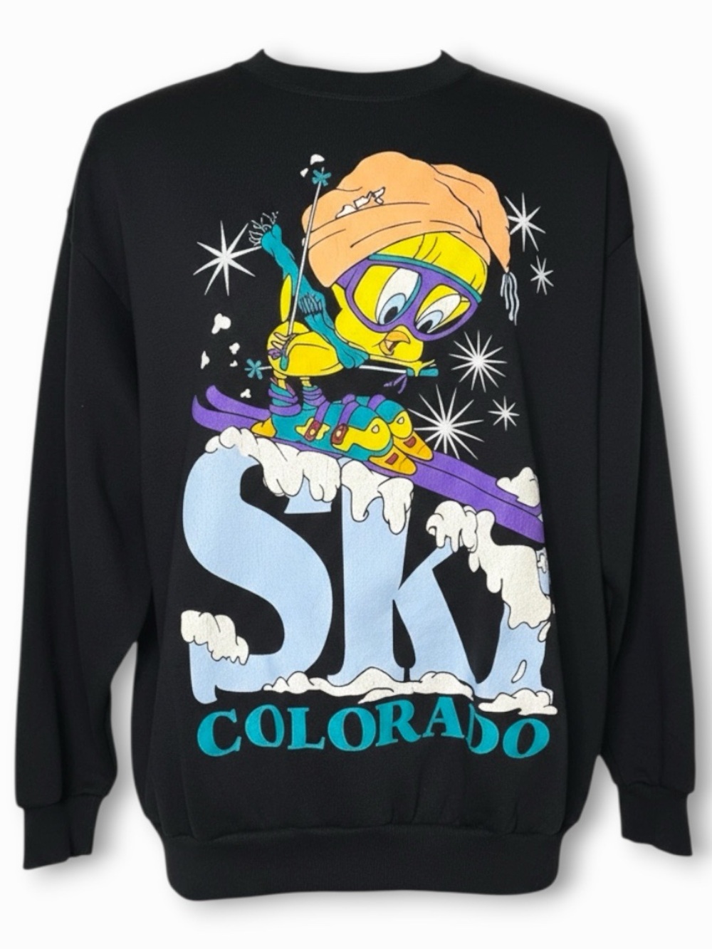 VINTAGE 90s Looney Tunes Tweety Bird Ski Colorado Sweatshirt USA Made Black L
